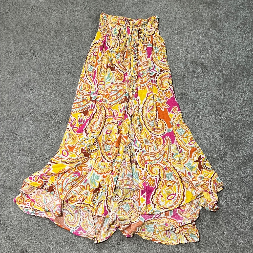 Rachel Zoe Maxi Skirt Floral Colorful Button Down Smocked Waist Tropical Small